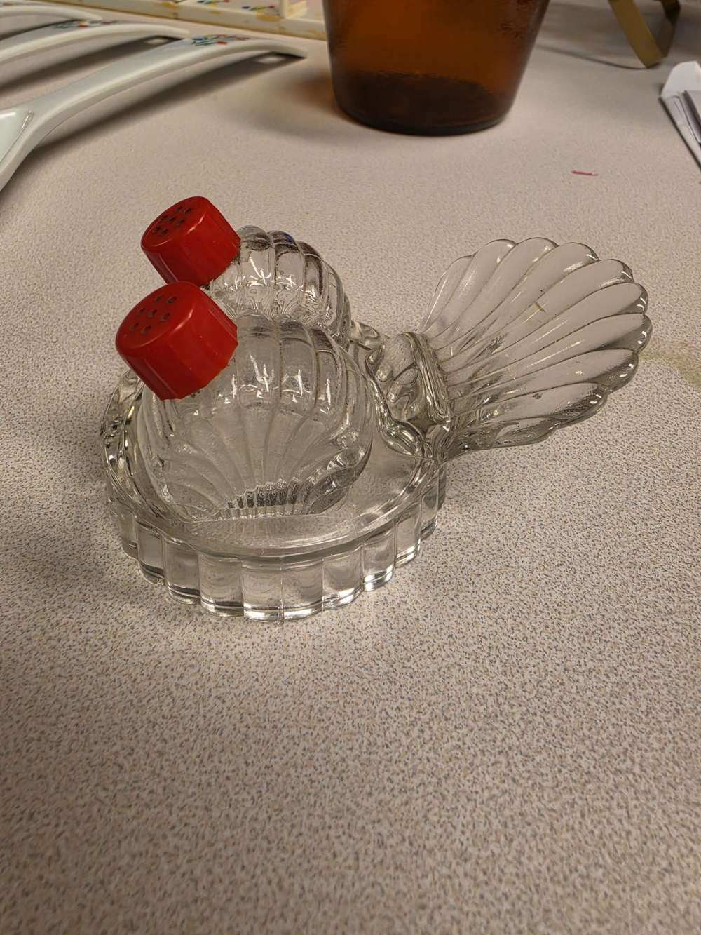 Clear Glass Turkey Salt & Pepper Set with Red Caps